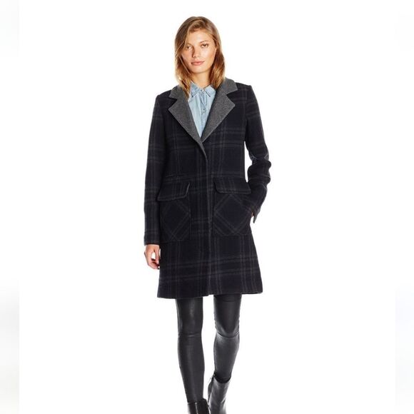 7 For All Mankind Wool Navy Longline Plaid Academia Peacoat - Picture 1 of 15